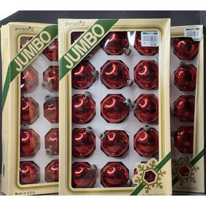 45pcs VTG Pyramid Jumbo Red Glass Ornaments in Box 2 1/4" Diameter Made in USA